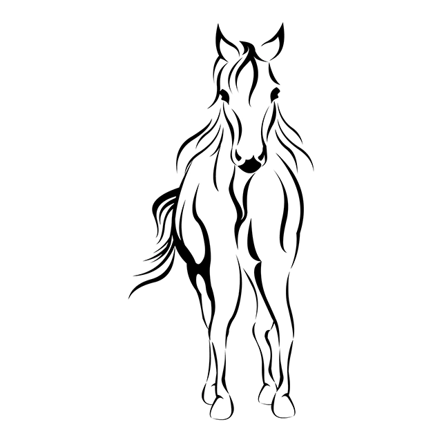 Black and white horse outline vector graphic on white background with CC0 license, ideal for design projects and animation.