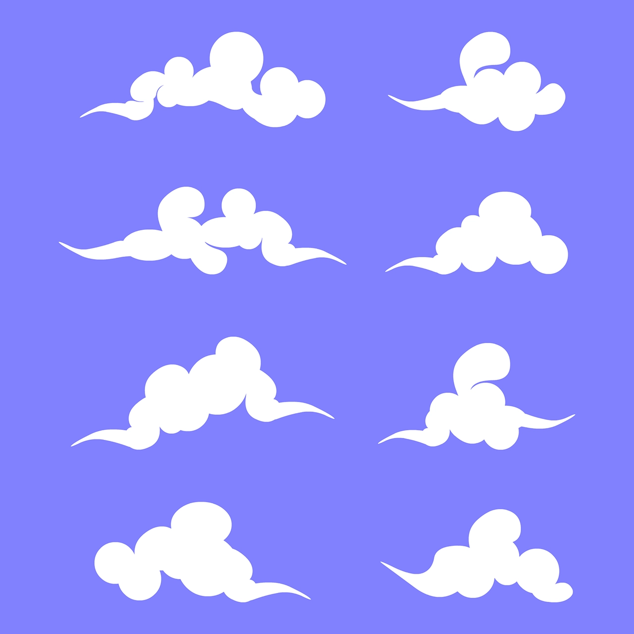 Set of white clouds vector graphic on blue background with CC0 license, ideal for design projects and animation.