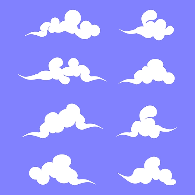 Set of white clouds vector graphic on blue background with CC0 license, ideal for design projects and animation.