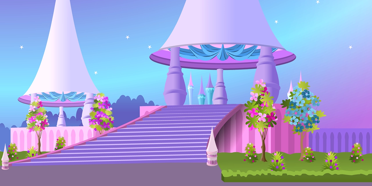 Fairytale palace garden outdoor at night landscape vector graphic on white background with CC0 license, ideal for design projects and animation.