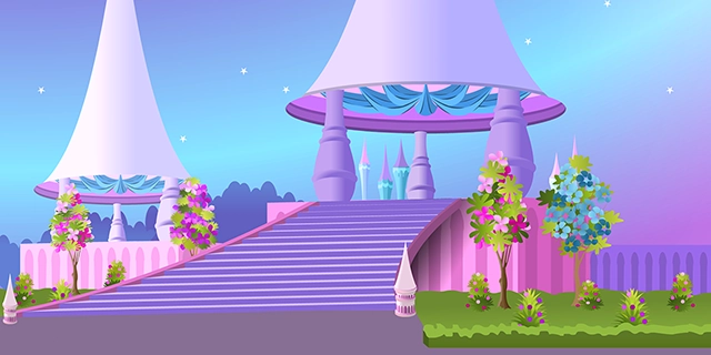 Fairytale palace garden outdoor at night landscape vector graphic on white background with CC0 license, ideal for design projects and animation.