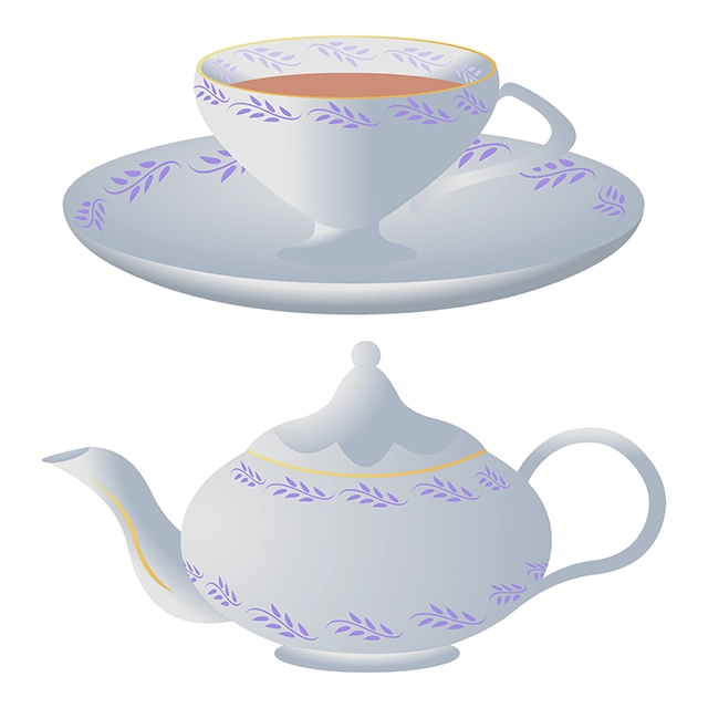 Tea in a cup with saucer and tea pot vector graphic on white background with CC0 license, ideal for design projects and animation.