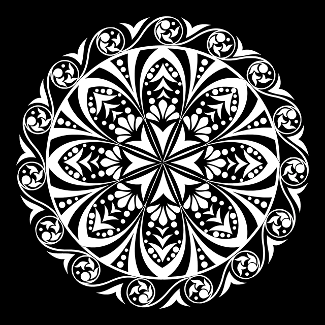 White alpana design pattern vector graphic on black background with CC0 license, ideal for design projects and animation.