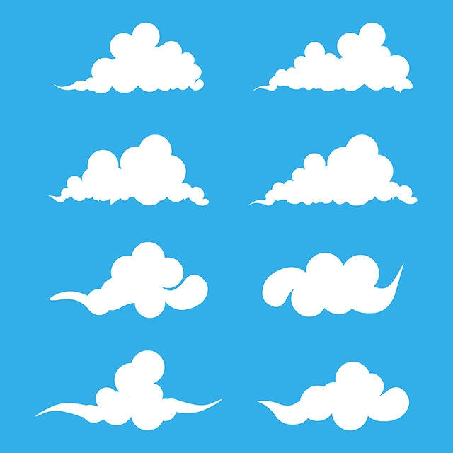 Set of white clouds vector graphic on blue background with CC0 license, ideal for design projects and animation.